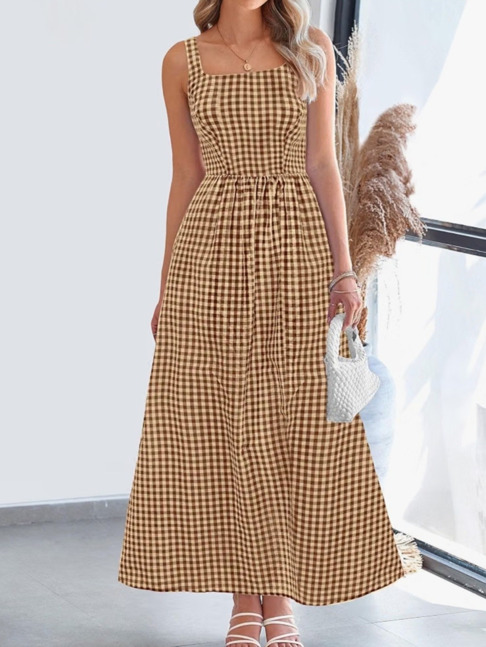PrettyGarden Women’s Brown Gingham Maxi Dress - Sleeveless Summer Dress